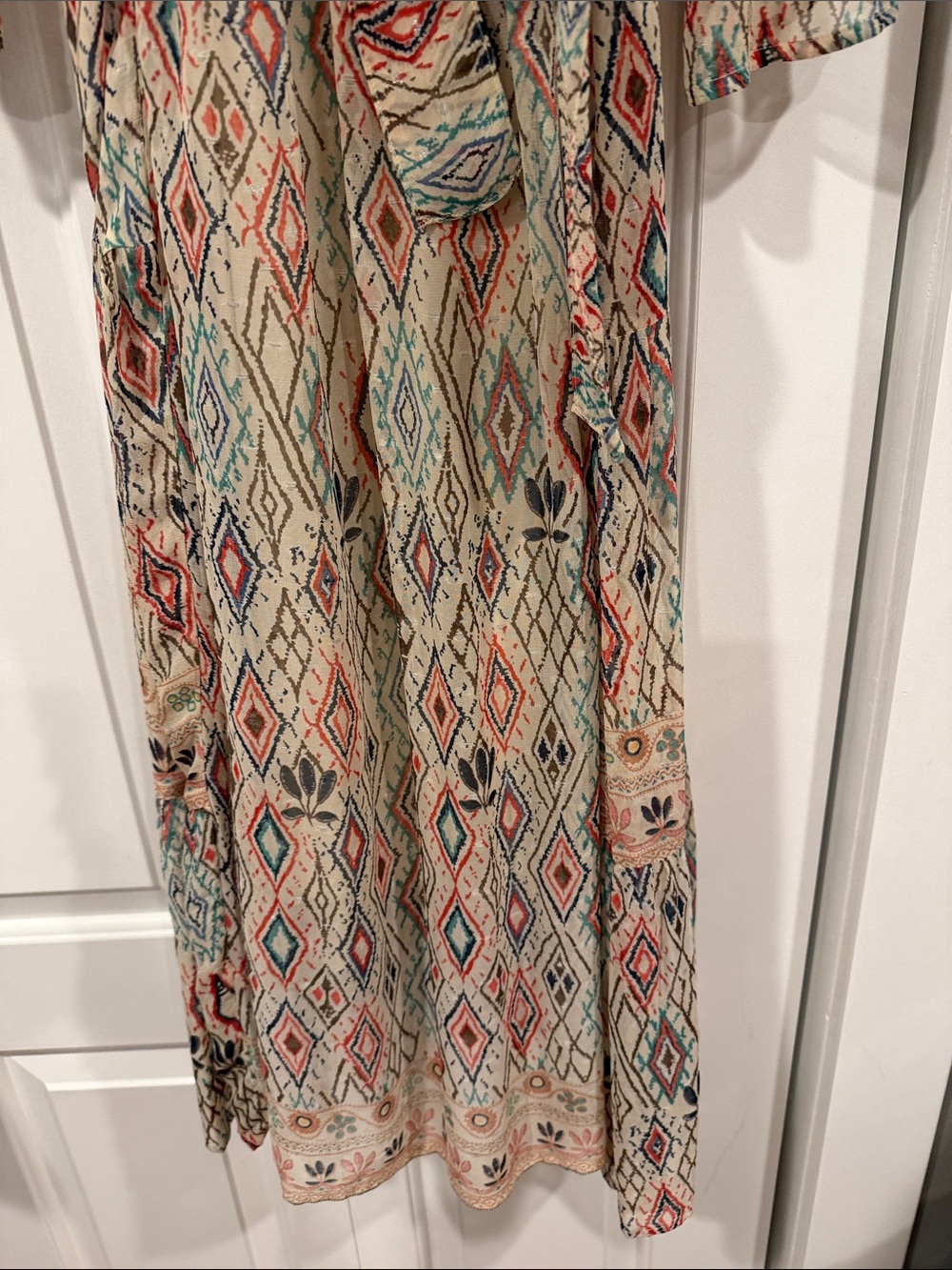 Velvet by Graham & Spencer Cream Boho Midi Dress with Coral & Teal Diamond sm - Picture 2 of 7